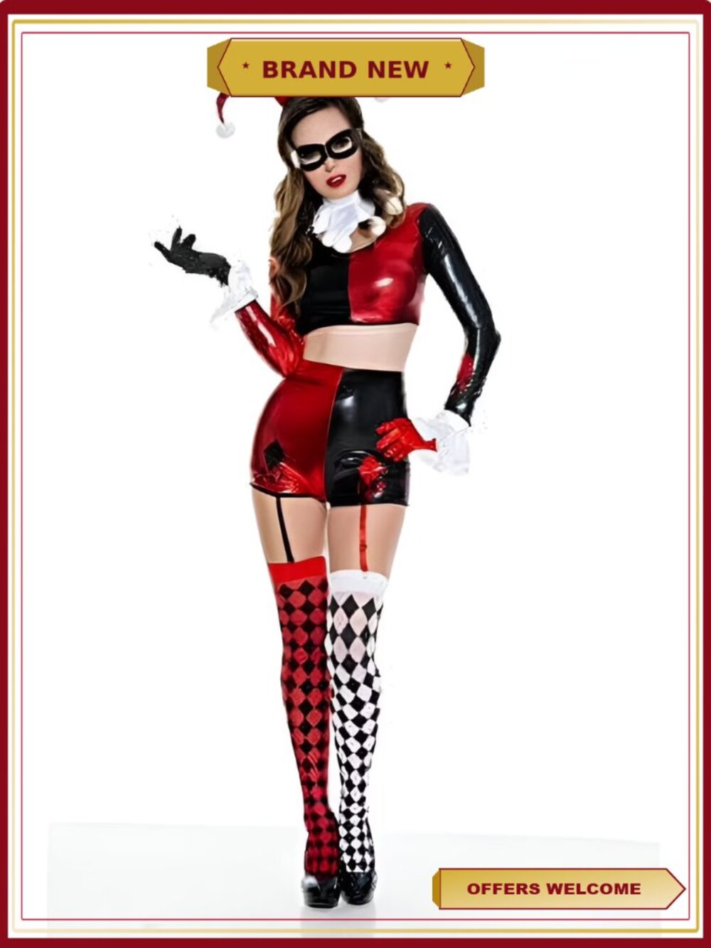Harlequin Jester Costume Set Strapless Dress Jacket Hat Mask